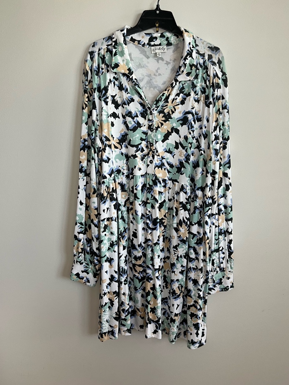 Wonderly Floral Button-Front Long Sleeve Dress in Mint, Black & Cream